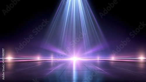 Obraz na płótnie A glowing spotlight shines on a futuristic stage with vibrant purple and blue light beams in a dark, modern setting. w salonie
