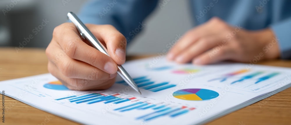 A person analyzes printed business charts and graphs, using a pen to review financial data and performance reports at a desk.