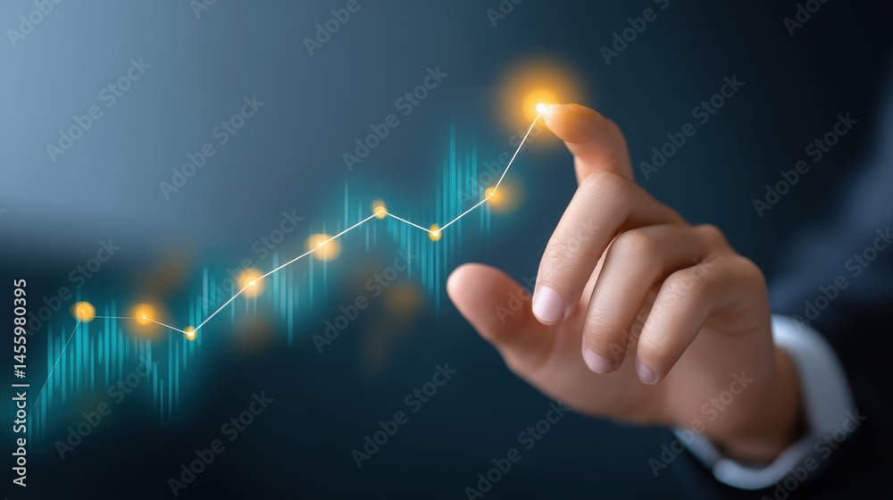A hand touches a glowing upward graph, symbolizing business growth, success, and financial progress.