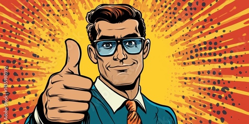 Retro pop art illustration of a man giving thumbs up with vibrant background