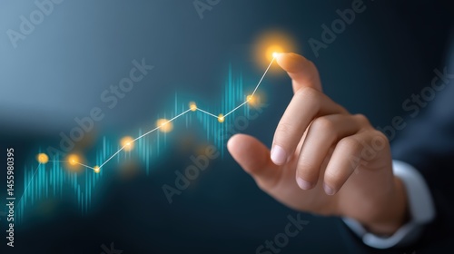 Obraz na płótnie A hand touches a glowing upward graph, symbolizing business growth, success, and financial progress. w salonie