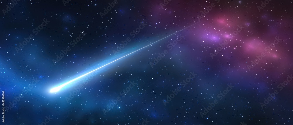 A bright shooting star streaks across a colorful, star-filled night sky in space.