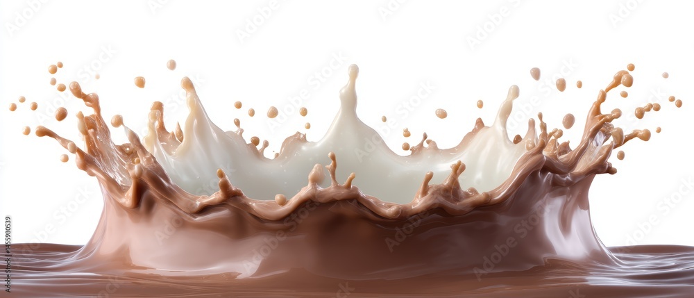 A splash of milk and chocolate mixing together, creating a dynamic crown-shaped splash on a white background.