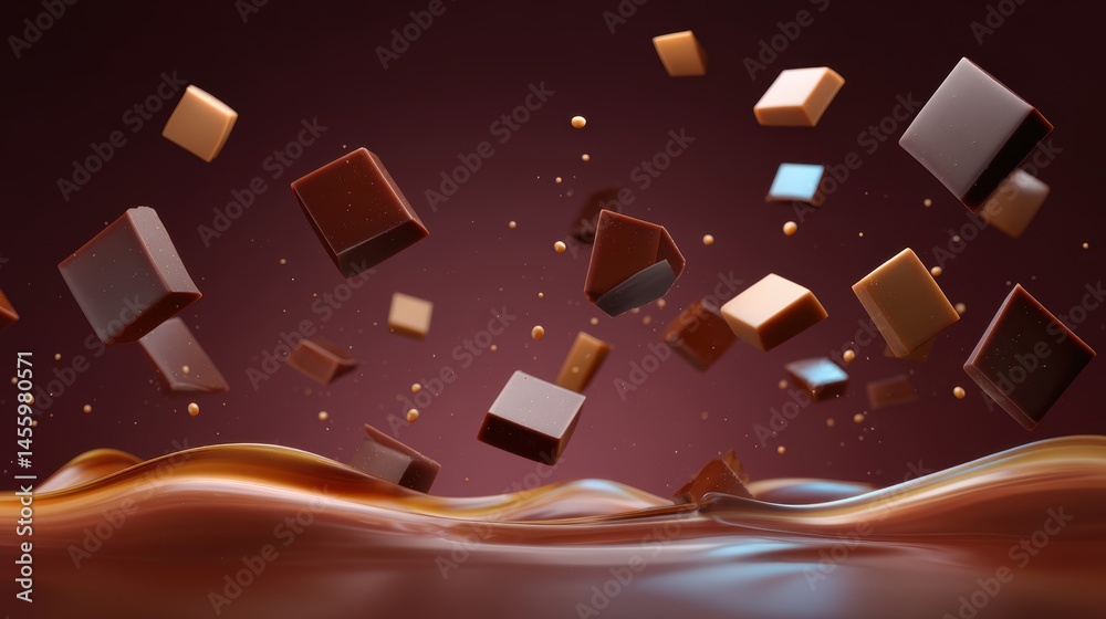 Floating chocolate cubes hover above swirling waves of melted chocolate in a rich, dreamy setting.