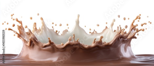 Obraz na płótnie A splash of milk and chocolate mixing together, creating a dynamic crown-shaped splash on a white background. w salonie