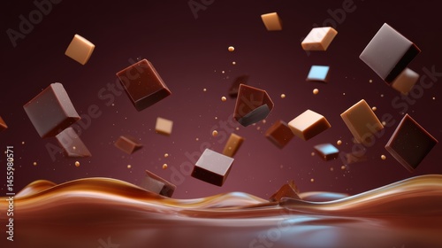 Floating chocolate cubes hover above swirling waves of melted chocolate in a rich, dreamy setting.