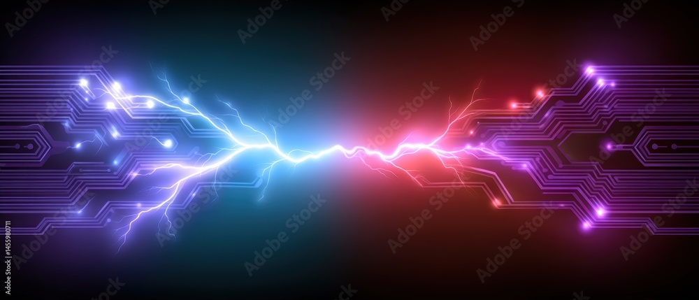 Electric currents spark between digital circuit patterns in a vibrant, futuristic tech illustration.