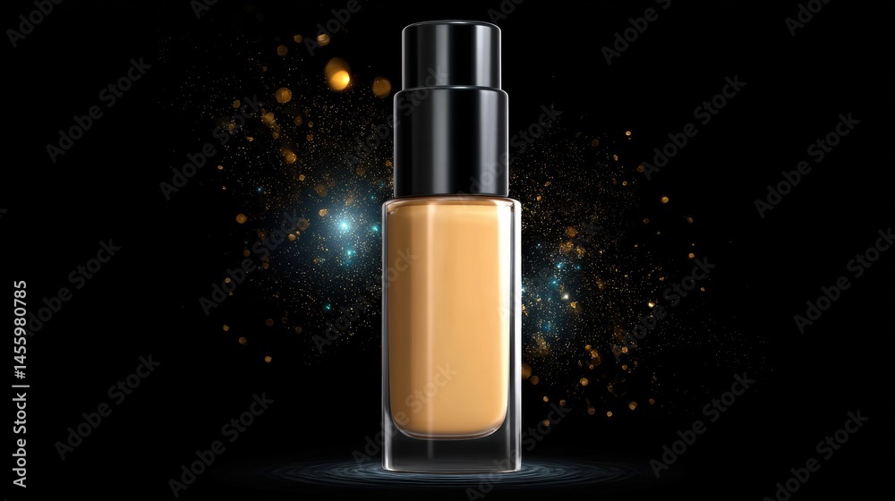 A sleek bottle of liquid foundation is showcased against a dramatic, sparkling black background.