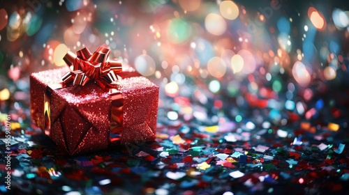 Red glitter gift box with confetti and bokeh lights festive holiday celebration design