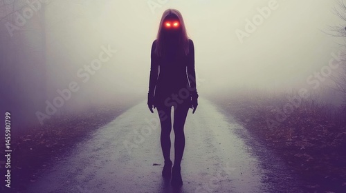 Mysterious woman silhouette glowing red eyes foggy road dark moody fantasy