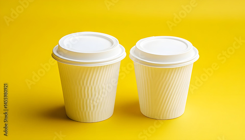 Wallpaper Mural Paper cups with white lids on yellow background. Coffee to go Torontodigital.ca