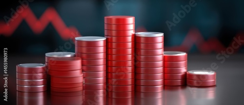 Obraz na płótnie Stacks of red casino chips are arranged in varying heights on a reflective surface, with a blurred financial chart in the background. w salonie