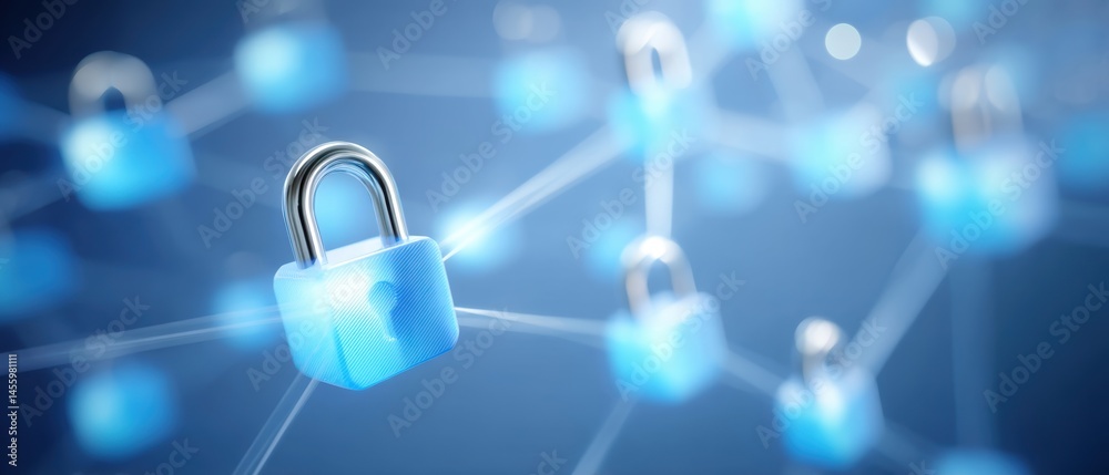 A blue padlock symbolizes cybersecurity and digital data protection, connected by a network of glowing blue nodes.