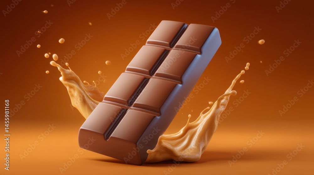 A creamy milk chocolate bar splashes into liquid chocolate against a warm brown background.