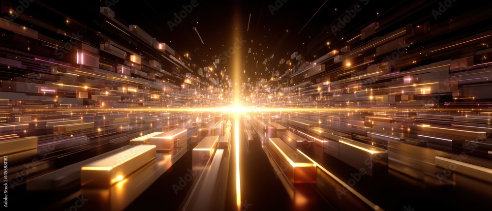 A glowing burst of golden light radiates through abstract, metallic rectangular shapes in a futuristic digital scene.