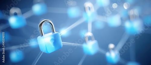 Obraz na płótnie A blue padlock symbolizes cybersecurity and digital data protection, connected by a network of glowing blue nodes. w salonie