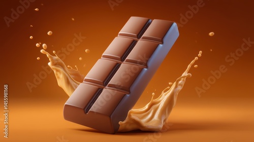 Obraz na płótnie A creamy milk chocolate bar splashes into liquid chocolate against a warm brown background. w salonie