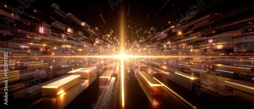Obraz na płótnie A glowing burst of golden light radiates through abstract, metallic rectangular shapes in a futuristic digital scene. w salonie