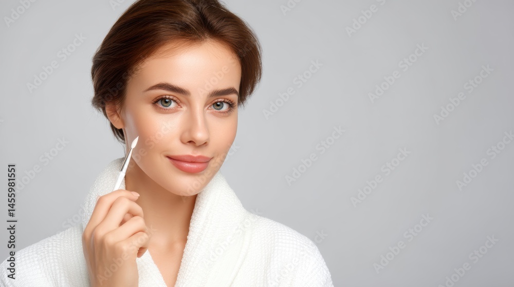 A woman in a white robe applies skincare cream to her face with a spatula, smiling softly against a light background.