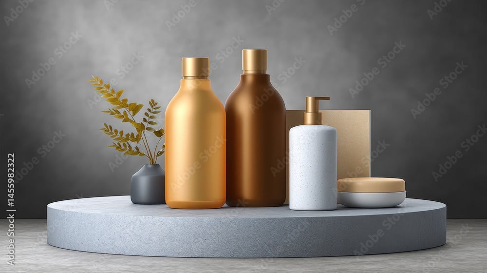 Minimalist display of gold and white cosmetic bottles and containers on a round platform with a small vase and dried plants.