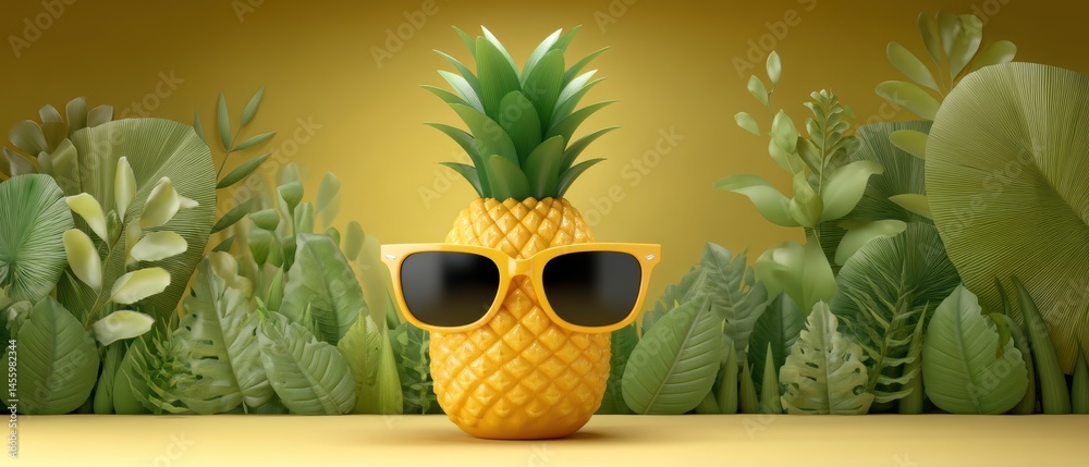 A pineapple wearing sunglasses sits in front of lush green tropical leaves on a vibrant yellow background.