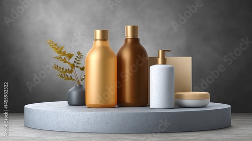Obraz na płótnie Minimalist display of gold and white cosmetic bottles and containers on a round platform with a small vase and dried plants. w salonie