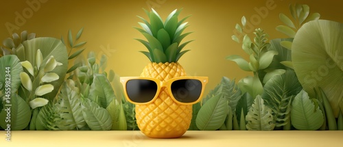 Obraz na płótnie A pineapple wearing sunglasses sits in front of lush green tropical leaves on a vibrant yellow background. w salonie