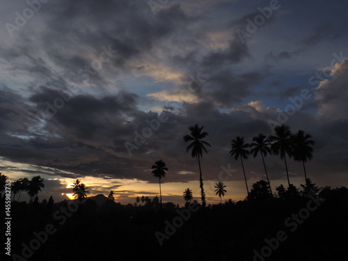 Tropical Sunset with Silhouetted Palm Trees and Dramatic Cloud
