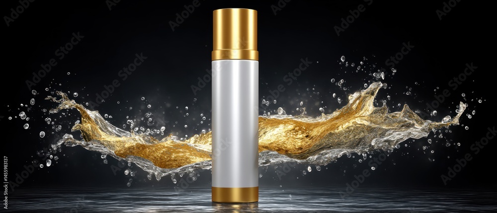 A luxury cosmetic bottle with gold accents stands in front of a dynamic splash of liquid on a dark background.