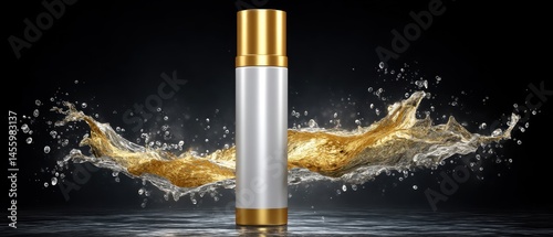 Obraz na płótnie A luxury cosmetic bottle with gold accents stands in front of a dynamic splash of liquid on a dark background. w salonie