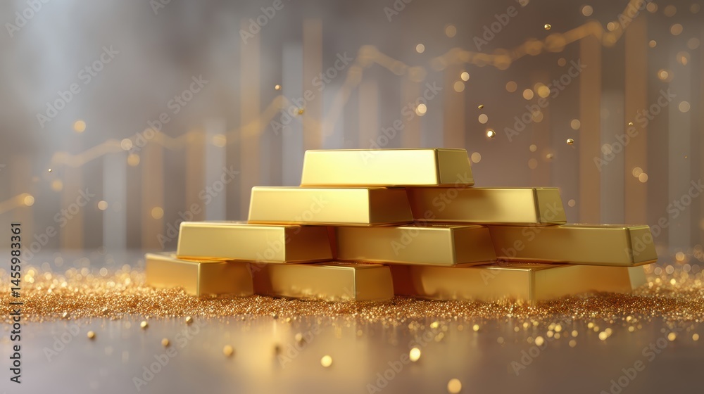 Stacked gold bars with glittering particles and a rising financial graph in the background, symbolizing wealth and investment growth.