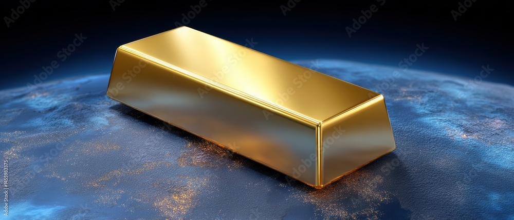 A shiny gold bar sits atop a blue, glowing surface resembling Earth seen from space, symbolizing global wealth and value.