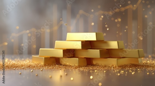 Obraz na płótnie Stacked gold bars with glittering particles and a rising financial graph in the background, symbolizing wealth and investment growth. w salonie