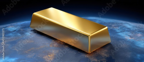 A shiny gold bar sits atop a blue, glowing surface resembling Earth seen from space, symbolizing global wealth and value.