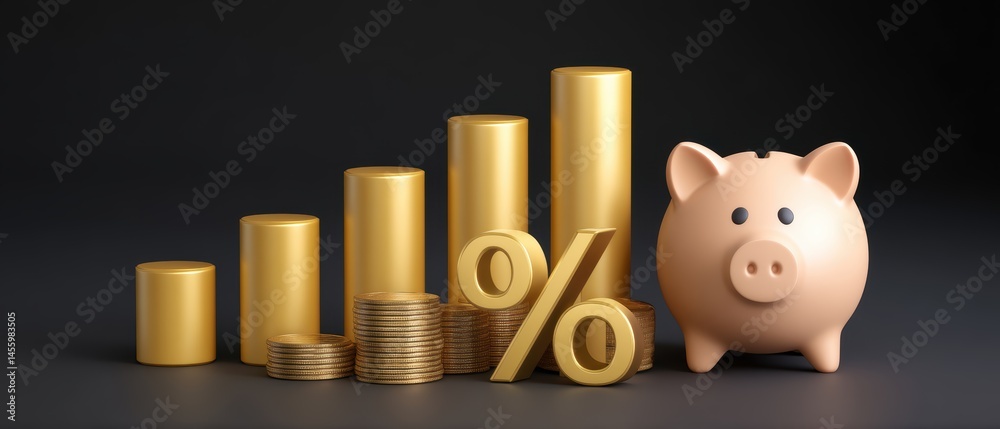 Golden coins, bar graphs, a percentage sign, and a piggy bank symbolize savings, investment, and financial growth.
