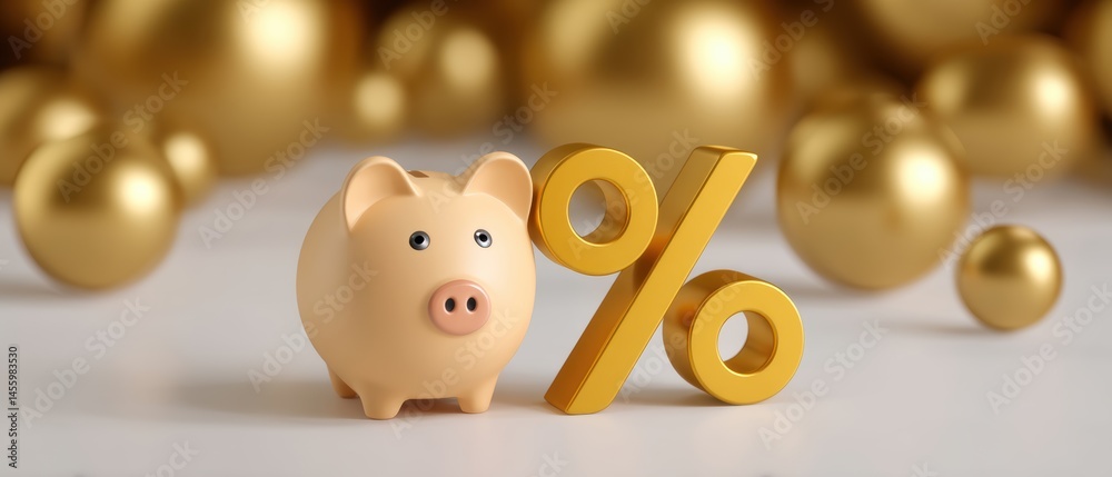 A piggy bank and a golden percent sign surrounded by gold spheres, symbolizing savings and interest rates.