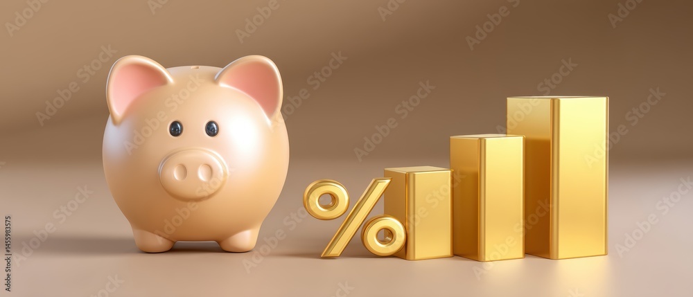 A piggy bank, gold percentage sign, and bar graph symbolize savings, investment growth, and financial success.