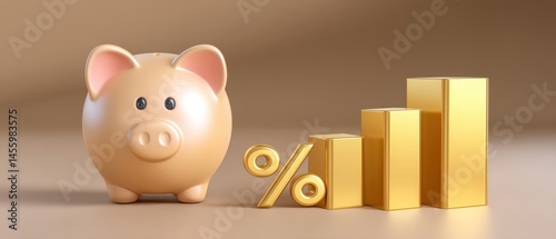 Obraz na płótnie A piggy bank, gold percentage sign, and bar graph symbolize savings, investment growth, and financial success. w salonie