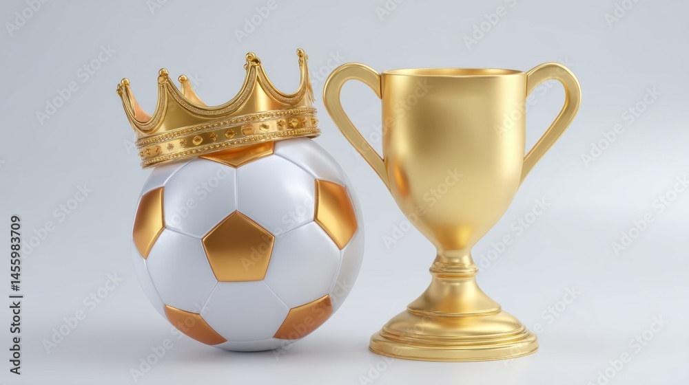 A golden soccer ball with a crown beside a gold trophy, symbolizing victory and championship success.