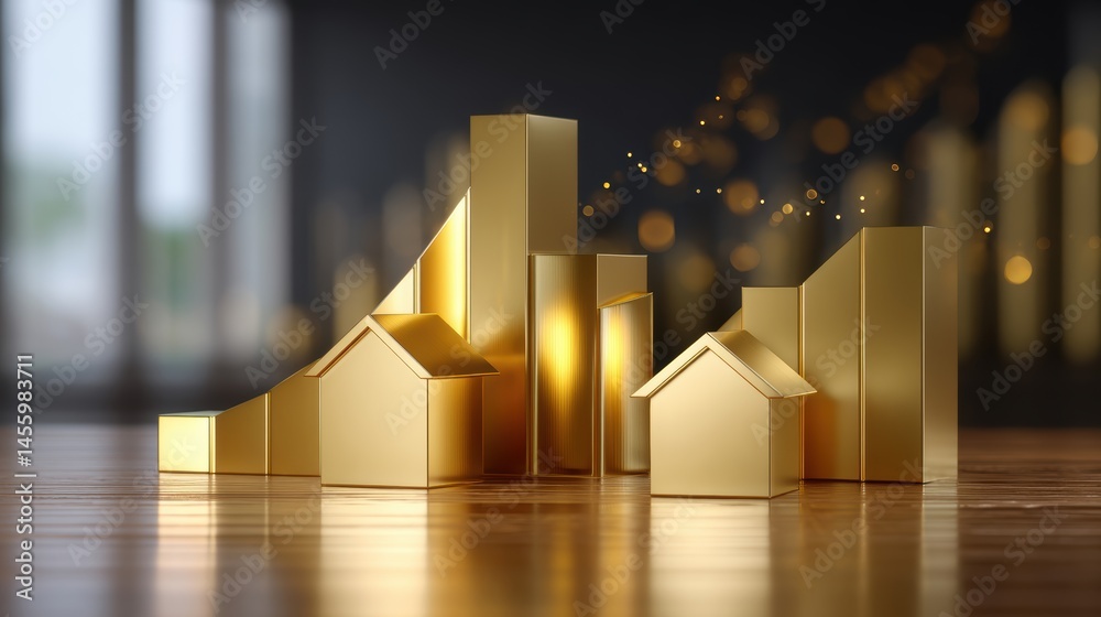Golden bars and house models symbolize real estate investment growth and financial success on a wooden surface.