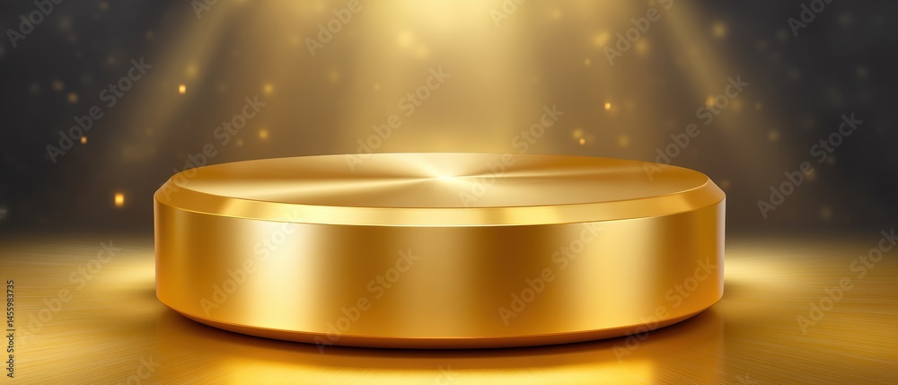 A shiny golden podium under a spotlight, surrounded by sparkling particles on a dark background.
