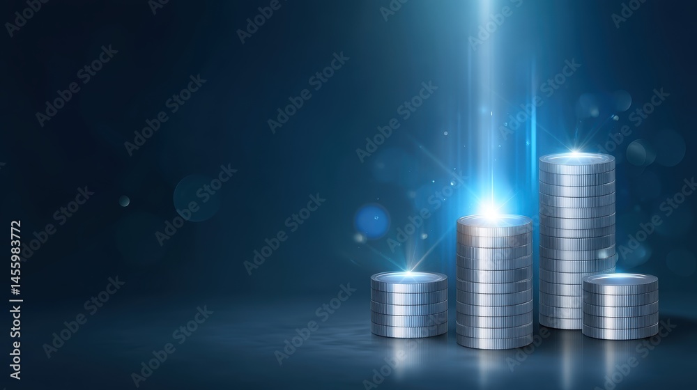 Stacks of shiny silver coins illuminated by a beam of light, symbolizing financial growth and investment success.