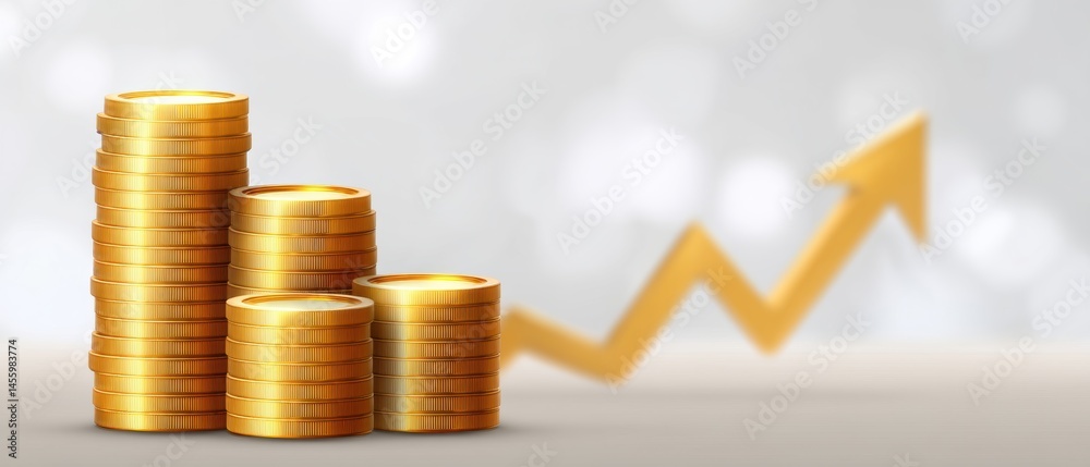 Stacks of gold coins with an upward yellow arrow, symbolizing financial growth and investment success.
