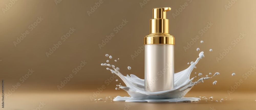 A luxurious cosmetic pump bottle with a golden cap stands amid a splash of creamy liquid on a gold background.