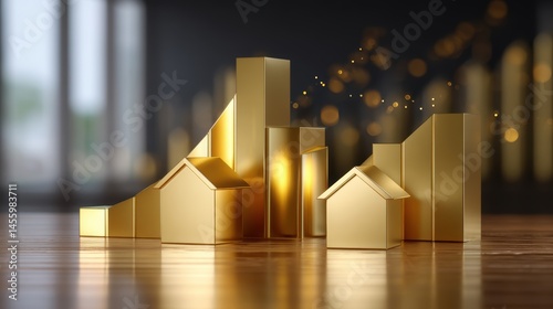 Obraz na płótnie Golden bars and house models symbolize real estate investment growth and financial success on a wooden surface. w salonie