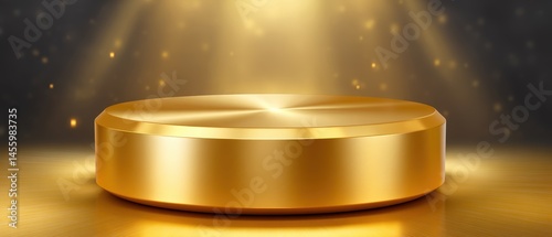 Obraz na płótnie A shiny golden podium under a spotlight, surrounded by sparkling particles on a dark background. w salonie