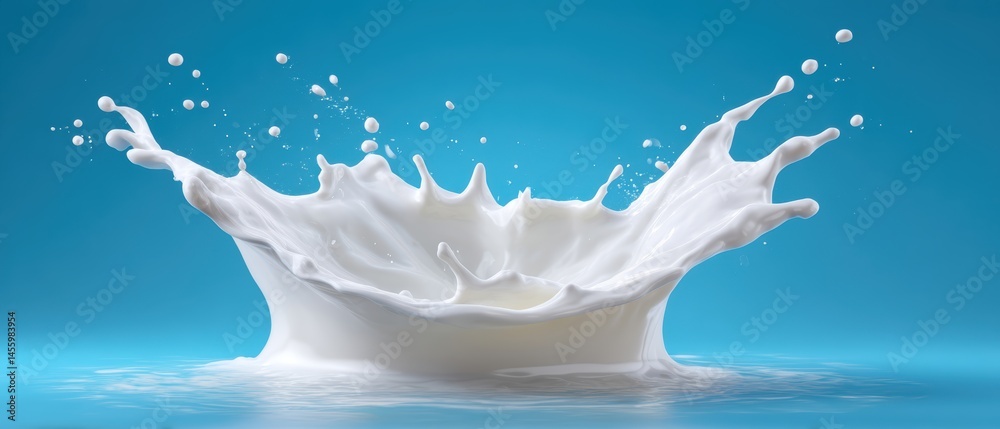 A splash of milk captured in mid-air against a blue background.