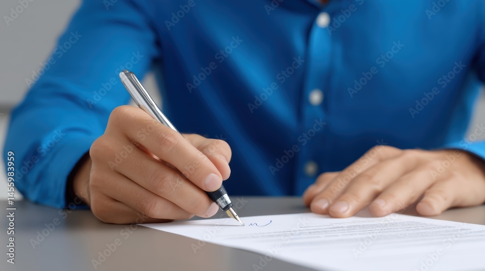 A person in a blue shirt is signing a document with a pen at a desk.