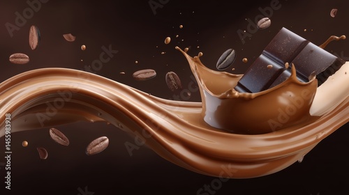 Obraz na płótnie Chocolate bar and coffee beans splash into a creamy swirl of melted chocolate, creating a rich and indulgent scene. w salonie