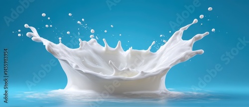 A splash of milk captured in mid-air against a blue background.